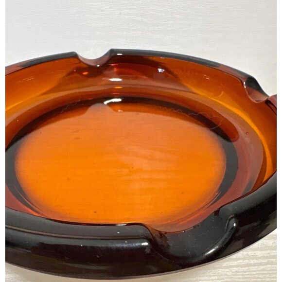 Vtg Amber Glass Ashtray Four Cigarette Rests Retro Mid-Century Modern 7 3/4" - Picture 4 of 8